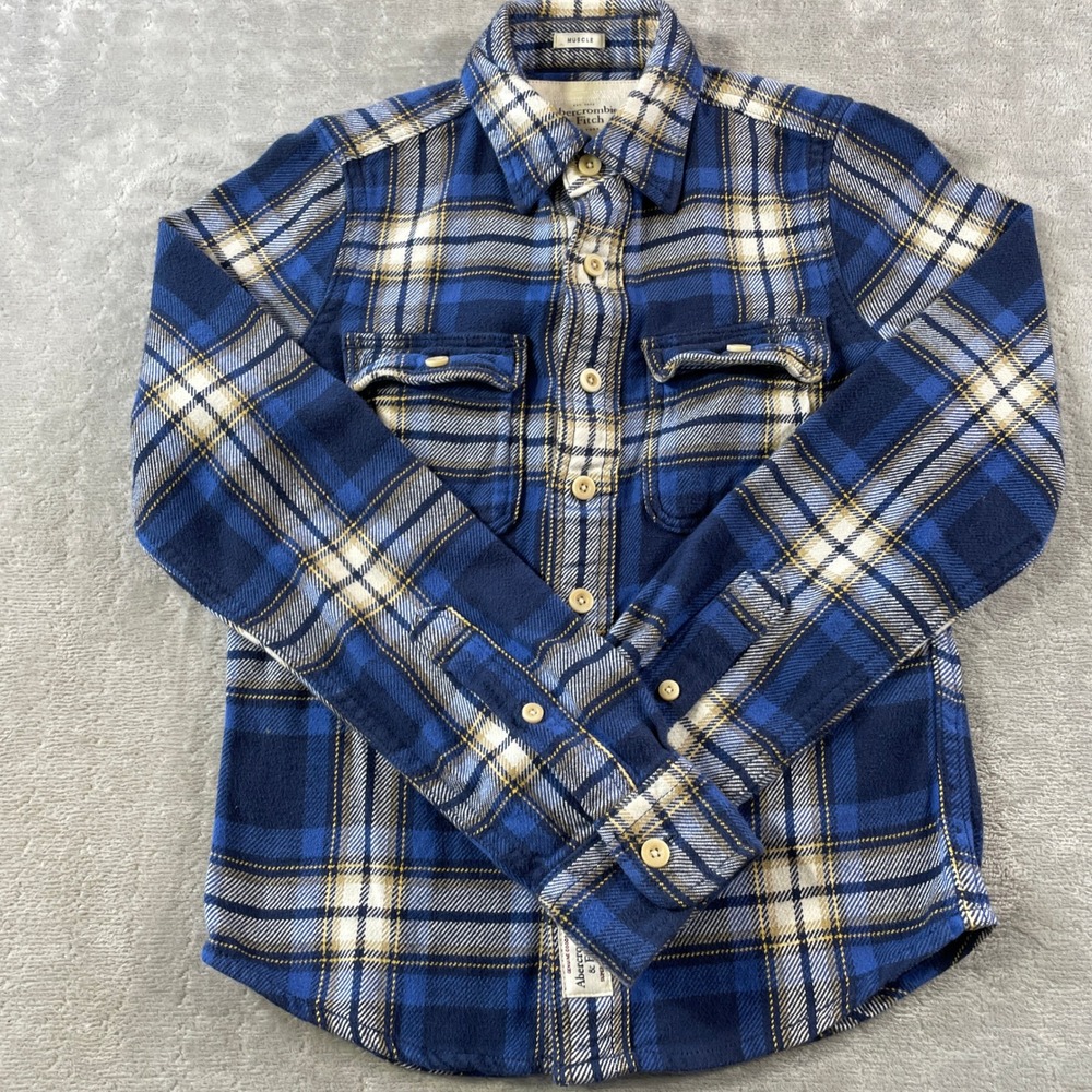 Abercrombie Fitch Flannel Shirt Mens Small Blur Plaid Muscle Fit Fall Preppy